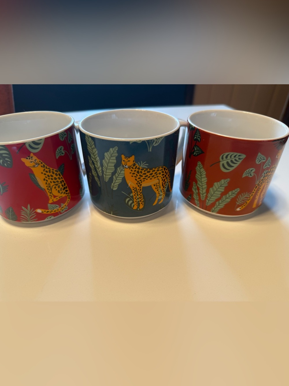 Set of three jungle cat and plants Print Ceramic Coffee Mugs